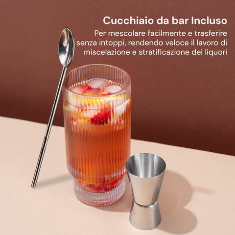 Set Cocktail 6 Pezzi con Supporto in Legno - Shaker e Accessori Bar