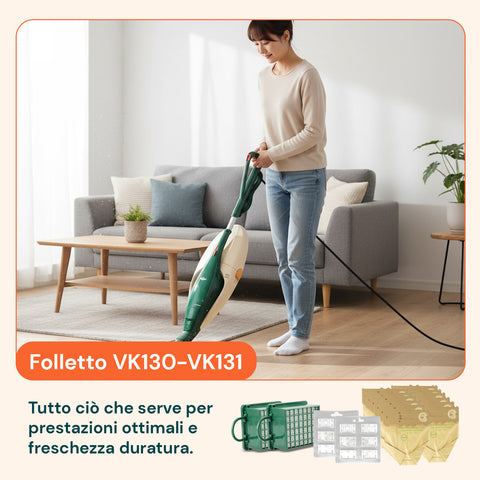 Kit Ricambi VK130 VK131 – 12 Sacchetti, 2 Filtri, 20 Profumatori Stick