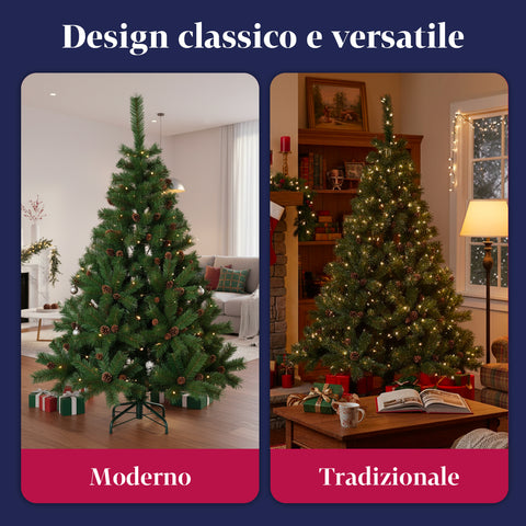 Albero di Natale Verde Realistico con Pigne e Base in Metallo – 150/180/210 cm