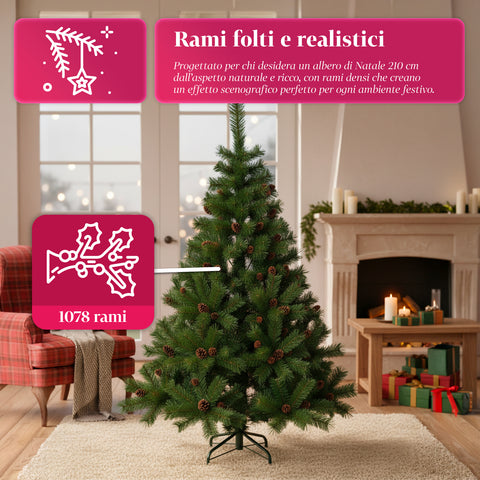 Albero di Natale Verde Realistico con Pigne e Base in Metallo – 150/180/210 cm