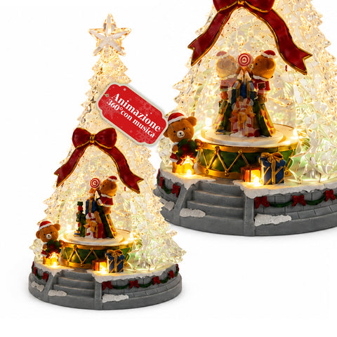 JoyTree világító karácsonyfa zenével és 360°-os animációval, LED-fényekkel, mackókat és diótörőket ábrázoló jelenettel, dupla USB-tápellátással, 32,5 cm