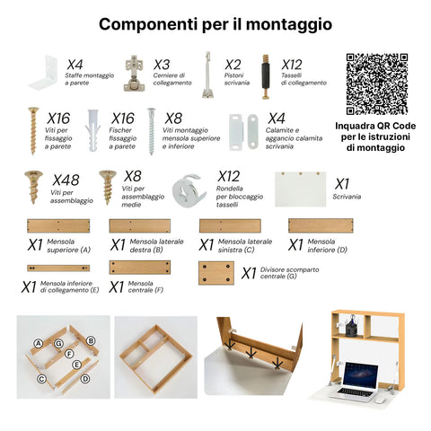 Scrivania da Parete con Ripiano Ribaltabile e 2 Scaffali Integrati 63x15x63cm