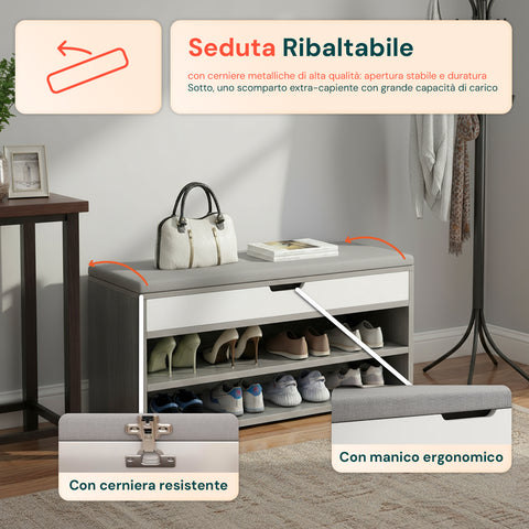 Seduta ribaltabile della scarpiera con vano contenitore nascosto