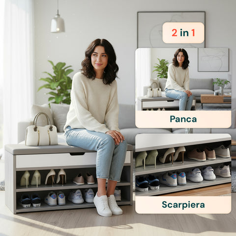 Scarpiera 2 in 1 usata come panca per sedersi all'ingresso