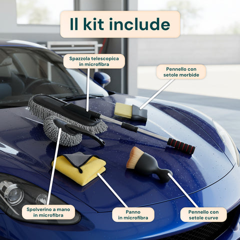 Kit Pulizia Completo 5 Pezzi – Spazzola, Pennelli e Panno in Microfibra