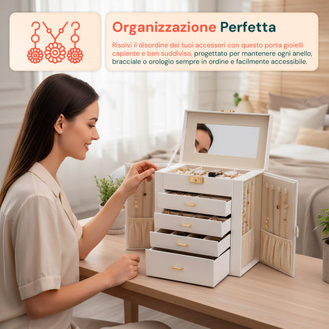 Portagioie Multiuso con Specchio – 4 Cassetti e Scomparti Regolabili