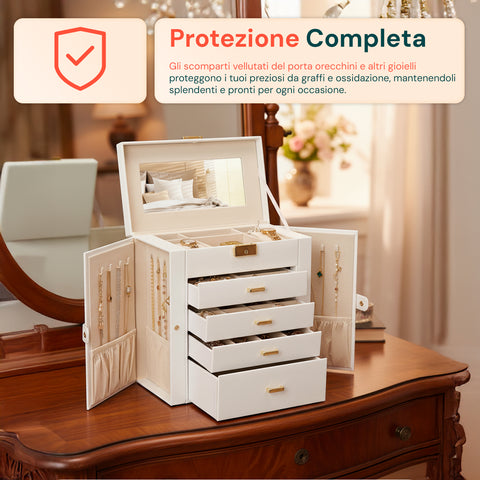Portagioie Multiuso con Specchio – 4 Cassetti e Scomparti Regolabili