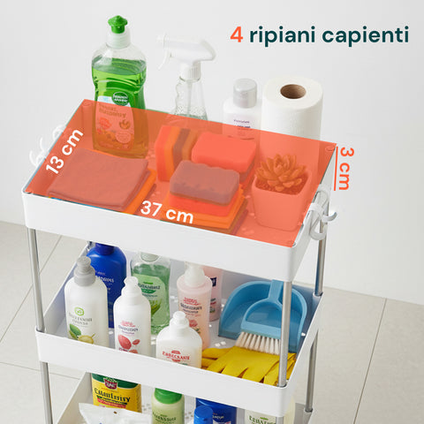 Carrello Multiuso Salvaspazio Bianco a 4 Livelli per Cucina e Bagno con Ganci