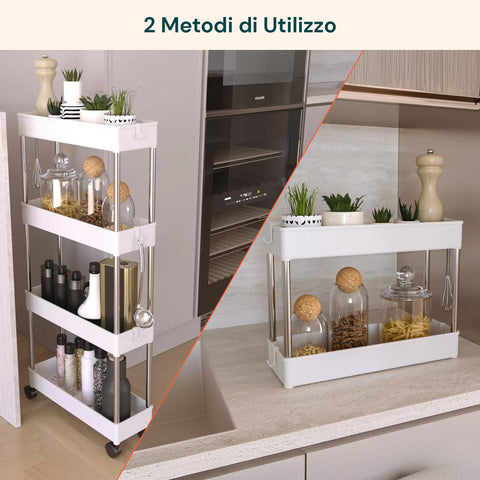 Carrello Multiuso Salvaspazio Bianco a 4 Livelli per Cucina e Bagno con Ganci
