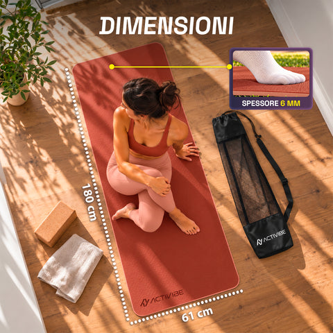 Tappetino yoga antiscivolo in TPE 6 mm, double face con tracolla