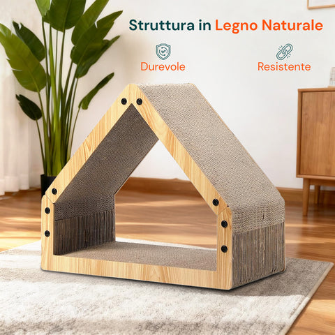 Tiragraffi per Gatti a Forma di Casa con Struttura in Legno