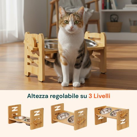 Doppia Ciotola Rialzate Regolabili 250ml per Cani e Gatti con 3 Altezze