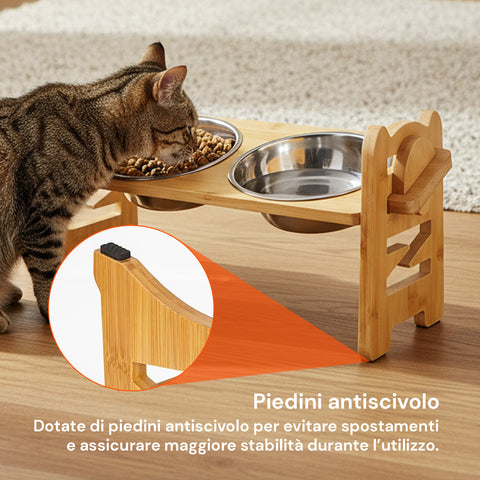 Doppia Ciotola Rialzate Regolabili 250ml per Cani e Gatti con 3 Altezze