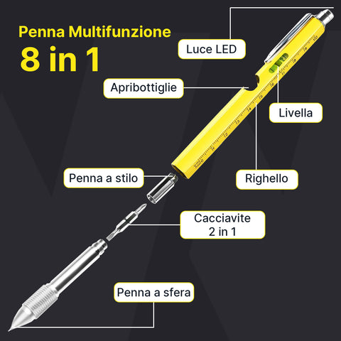 Penna Multifunzione 8 in 1 con Clip, Stilo Touch, Livella e Luce LED