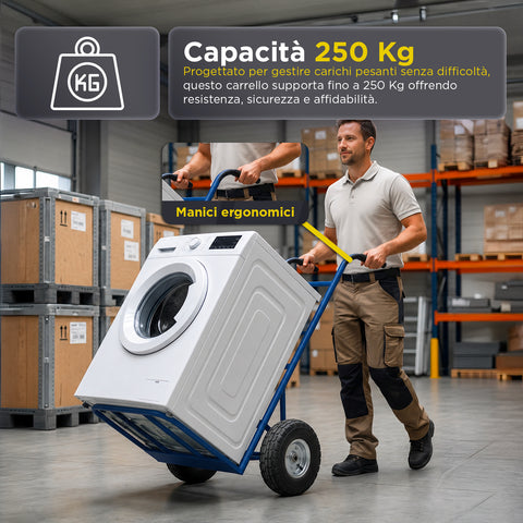 Professzionális, 250 kg teherbírású acél szállítókocsi - fekete, defektmentes pneumatikus kerekekkel