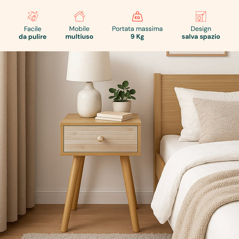 Tavolino da Letto in Bambù 47x40x30 cm con Cassetto e Stile Retrò