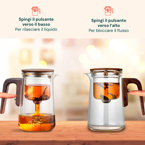 Teiera in Vetro con Filtro Separato, Manico Antiscottatura e Coperchio Effetto Legno
