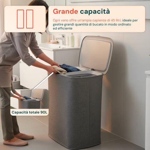 Portabiancheria Doppio 90 Litri con Coperchio Ergonomico e 2 Sacche Rimovibili