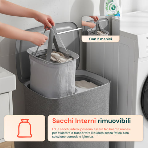 Portabiancheria Doppio 90 Litri con Coperchio Ergonomico e 2 Sacche Rimovibili