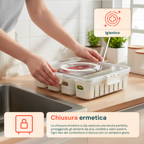 Contenitore con 4 Scomparti in PP – Chiusura a Clip e Funzione Sgocciolatoio