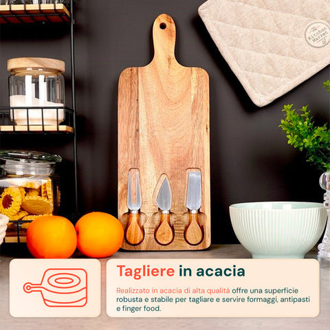 Set 3 Utensili per Degustazione Formaggi con Tagliere in Legno d'Acacia