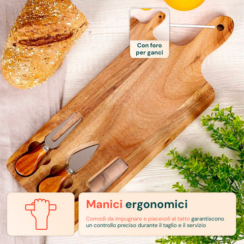 Set 3 Utensili per Degustazione Formaggi con Tagliere in Legno d'Acacia