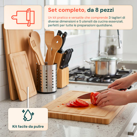 Set Taglieri in Bamboo – 3 Taglieri + 5 Utensili da Cucina Inclusi