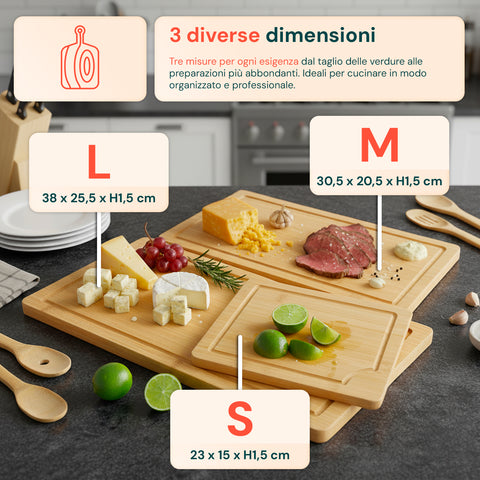 Set Taglieri in Bamboo – 3 Taglieri + 5 Utensili da Cucina Inclusi