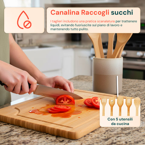 Set Taglieri in Bamboo – 3 Taglieri + 5 Utensili da Cucina Inclusi