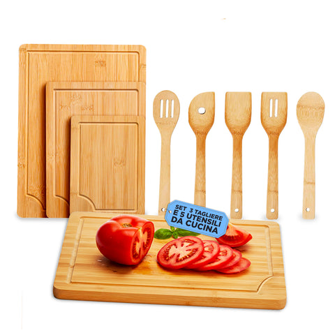 Set Taglieri in Bamboo – 3 Taglieri + 5 Utensili da Cucina Inclusi
