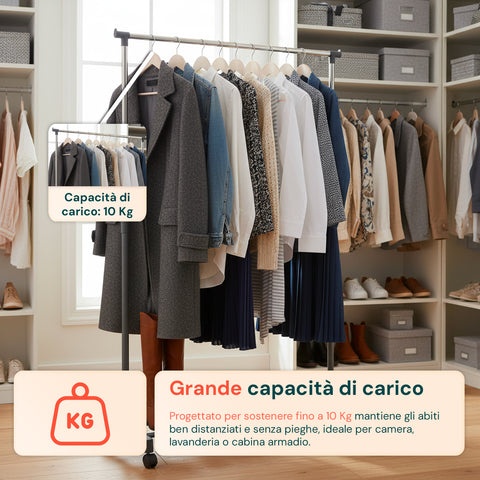Appendiabiti Regolabile in Metallo – Stand Portabiti con Ruote 360° da 85 a 160 cm