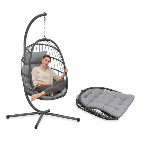 Összecsukható függő kerti fotel párnázott ülőpárnákkal, horganyzott acélból, rattan hatású kivitelben - teherbírás: 160 kg