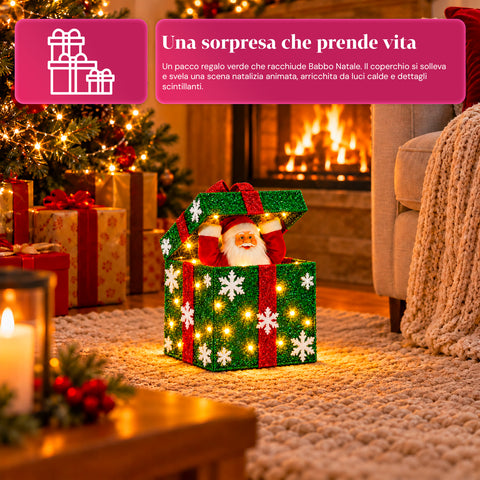 Pacco regalo luminoso con Babbo Natale musicale e animato H30 cm