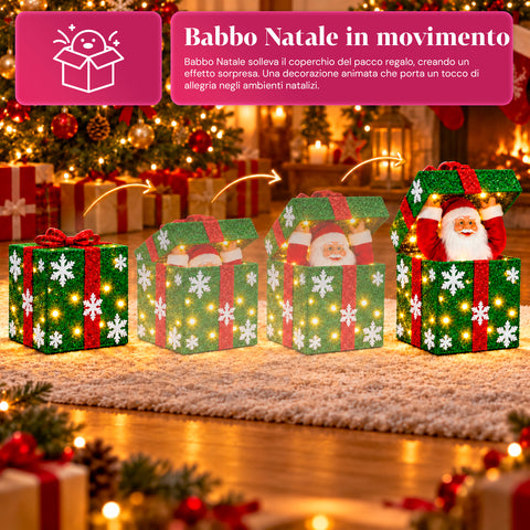 Pacco regalo luminoso con Babbo Natale musicale e animato H30 cm