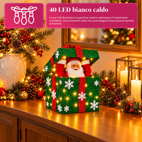 Pacco regalo luminoso con Babbo Natale musicale e animato H30 cm