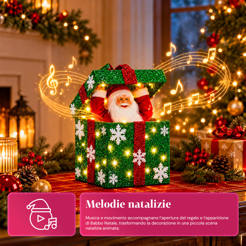 Pacco regalo luminoso con Babbo Natale musicale e animato H30 cm