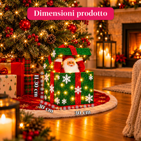 Pacco regalo luminoso con Babbo Natale musicale e animato H30 cm