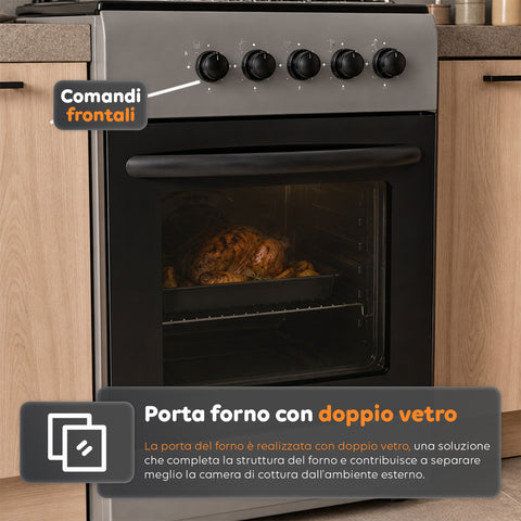 Cucina a Gas 50x50 cm con Forno a Gas 49 Litri, 4 Fuochi di Diversa Potenza, Valvole di Sicurezza e Coperchio