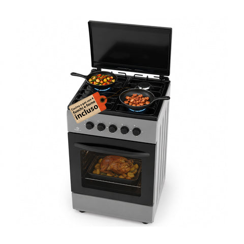 Cucina a Gas 50x50 cm con Forno a Gas 49 Litri, 4 Fuochi di Diversa Potenza, Valvole di Sicurezza e Coperchio