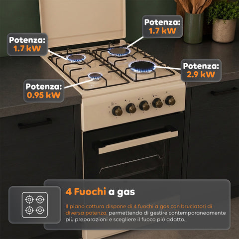 Cucina a Gas 50x50 cm con Forno a Gas 49 Litri, 4 Fuochi di Diversa Potenza, Valvole di Sicurezza e Coperchio