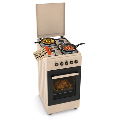 Cucina a Gas 50x50 cm con Forno a Gas 49 Litri, 4 Fuochi di Diversa Potenza, Valvole di Sicurezza e Coperchio