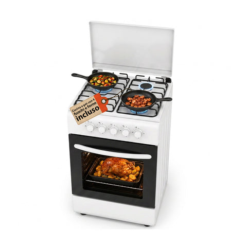 Cucina a Gas 50x50 cm con Forno a Gas 49 Litri, 4 Fuochi di Diversa Potenza, Valvole di Sicurezza e Coperchio