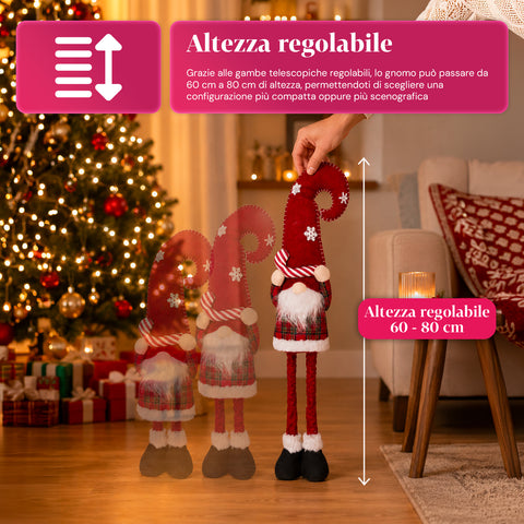 Kihúzható karácsonyi manó 60-80 cm, kockás textilből készült dísztárgy