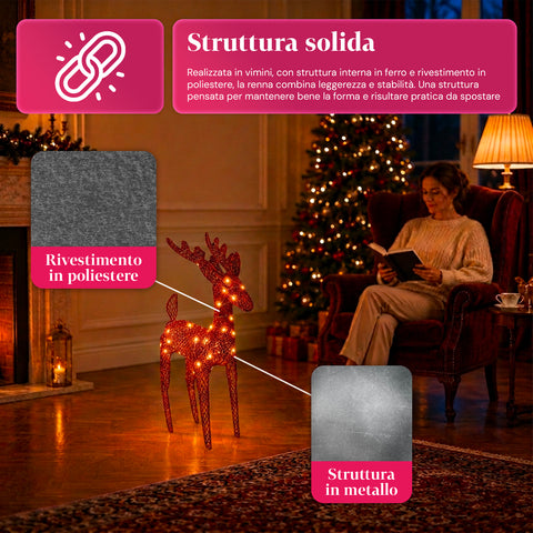 Világító, csillámos rénszarvas 90 cm meleg fényű LED-del | Fonott karácsonyi dekoráció – 2 kivitel, 3 szín
