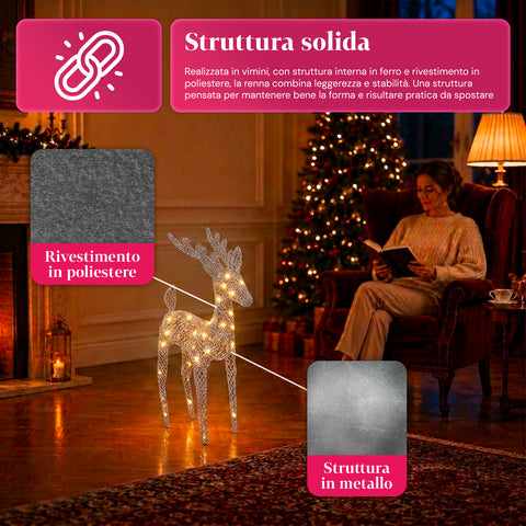 Világító, csillámos rénszarvas 90 cm meleg fényű LED-del | Fonott karácsonyi dekoráció – 2 kivitel, 3 szín