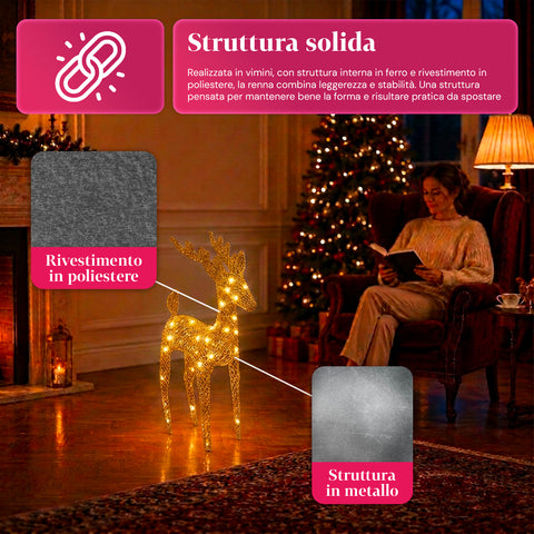Világító, csillámos rénszarvas 90 cm meleg fényű LED-del | Fonott karácsonyi dekoráció – 2 kivitel, 3 szín