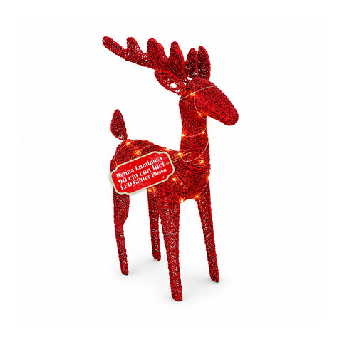 Renna Luminosa 90 cm Glitter con LED Luce Calda in Vimini