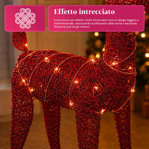 Világító, csillámos rénszarvas 90 cm meleg fényű LED-del | Fonott karácsonyi dekoráció – 2 kivitel, 3 szín