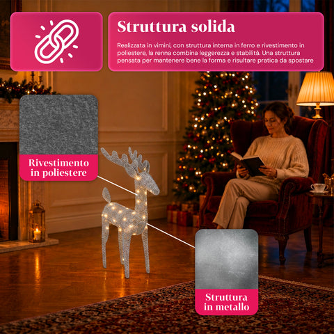 Világító, csillámos rénszarvas 90 cm meleg fényű LED-del | Fonott karácsonyi dekoráció – 2 kivitel, 3 szín