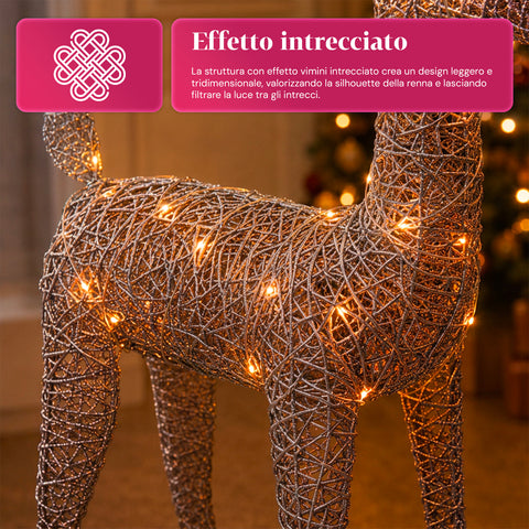 Világító, csillámos rénszarvas 90 cm meleg fényű LED-del | Fonott karácsonyi dekoráció – 2 kivitel, 3 szín